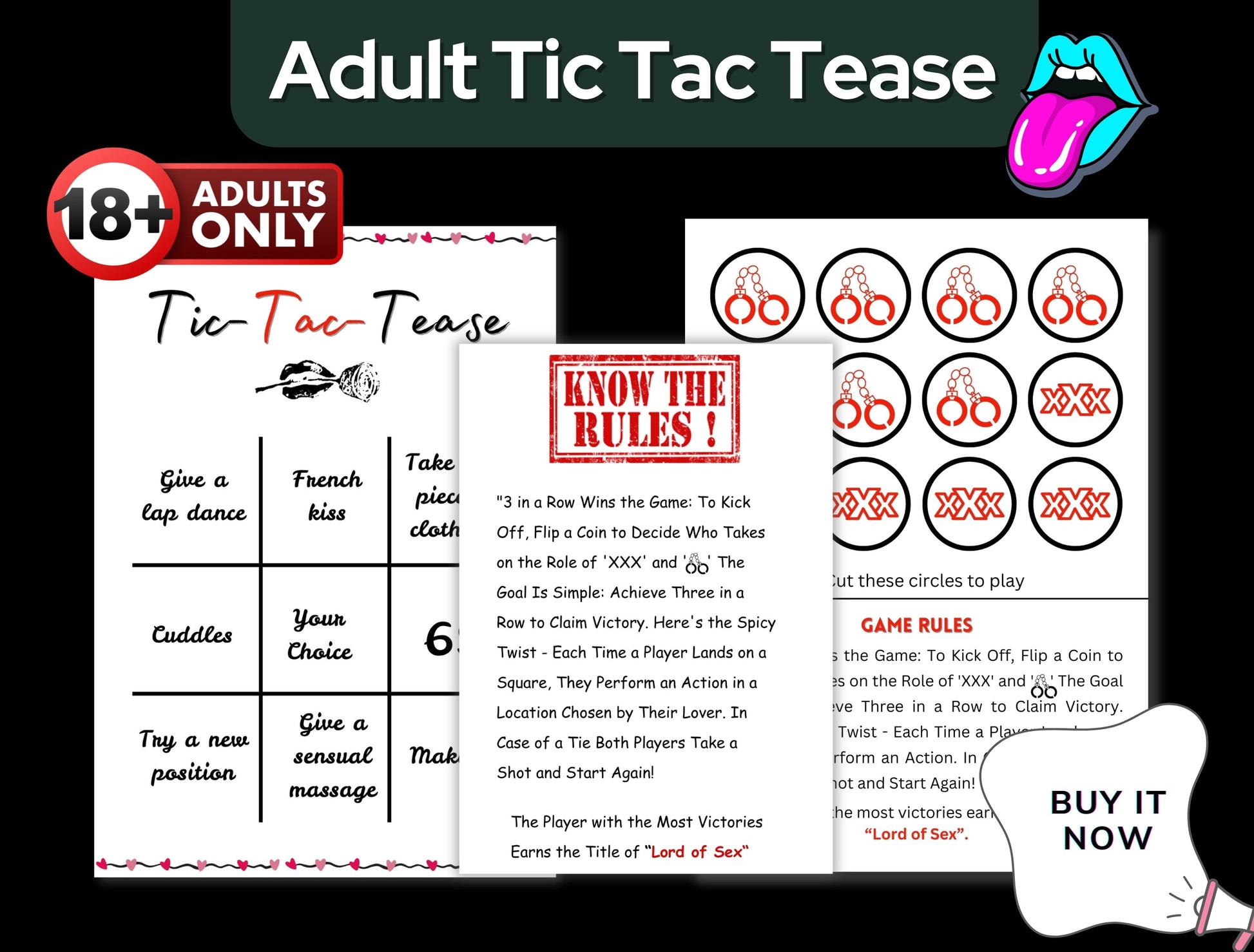 Romantic digital print game that adds excitement and sensual tension to any couple’s game night.
