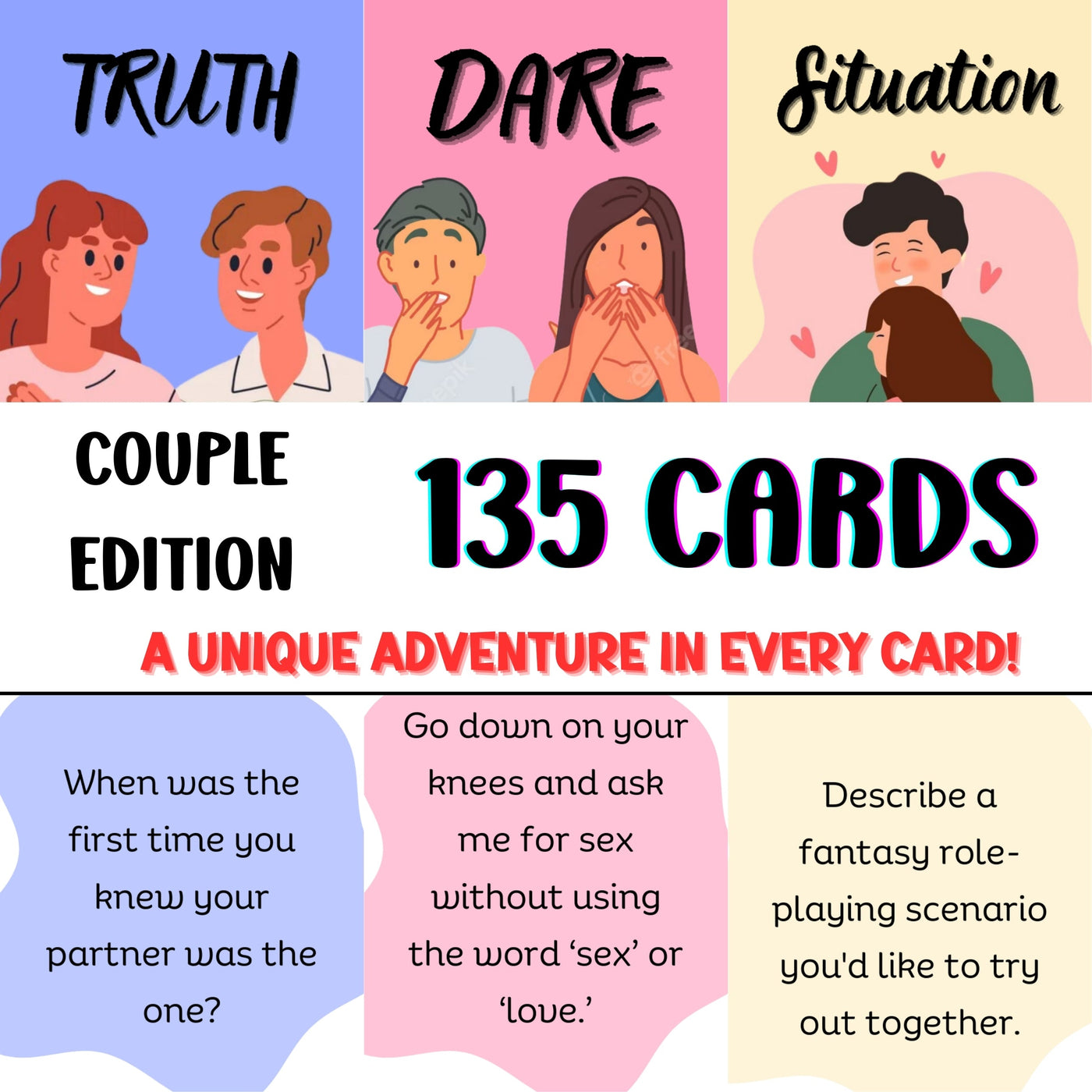 Truth & Dare card game for adults – a fun and flirty game for couples, parties, and date nights. Includes bold dares, deep questions, and exciting challenges to spice up any occasion.