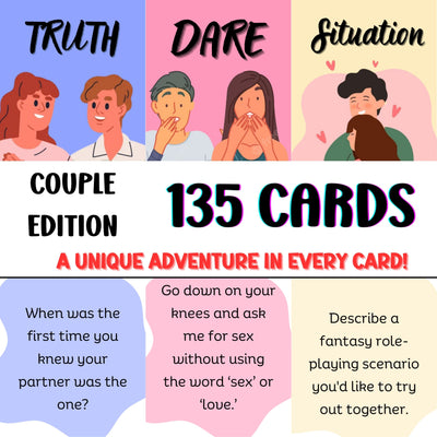 Truth & Dare card game for adults – a fun and flirty game for couples, parties, and date nights. Includes bold dares, deep questions, and exciting challenges to spice up any occasion.