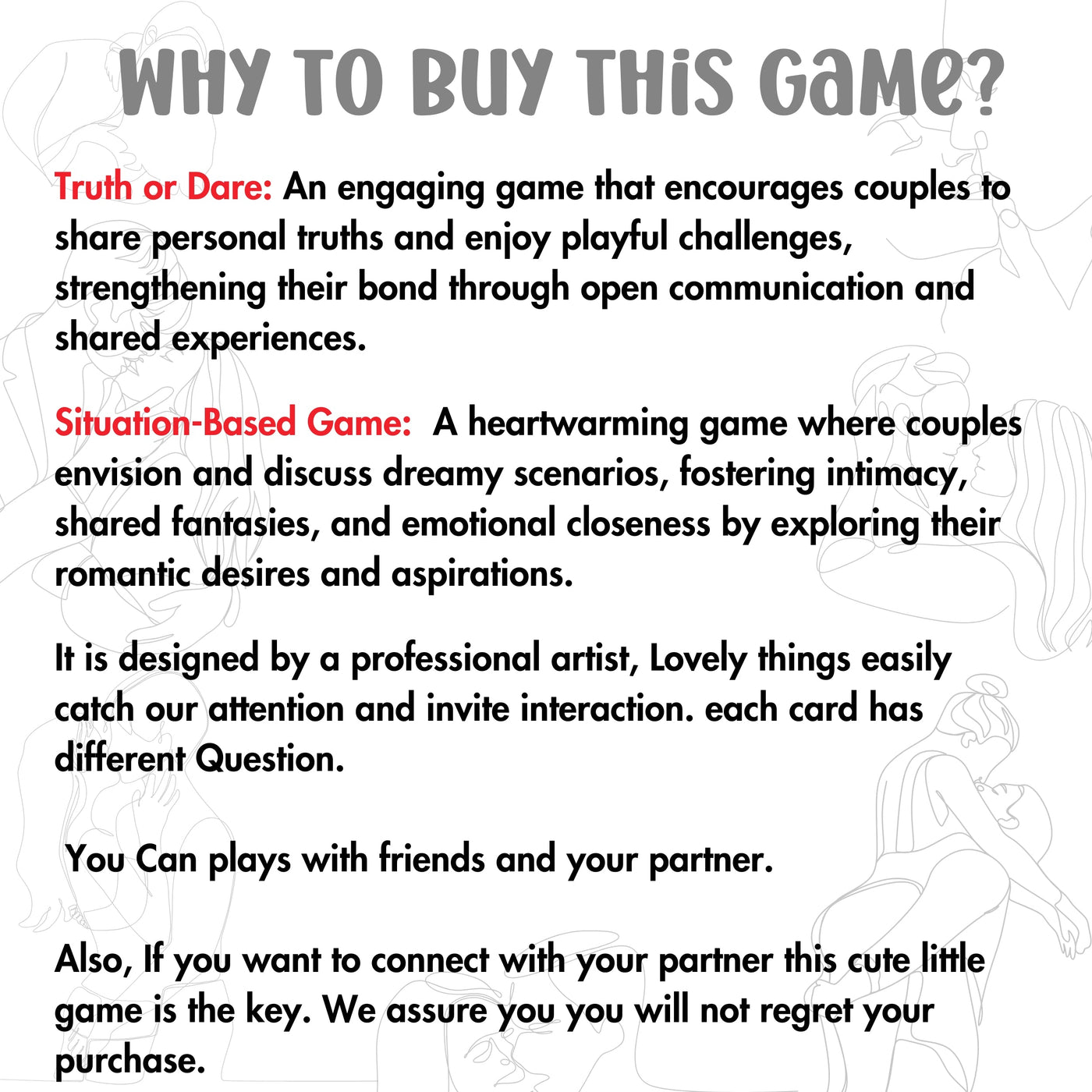 Kinky Truth or Dare deck – a seductive and fun game designed for couples looking to spice up their relationship. Perfect for foreplay, intimate connection, and late-night fun.