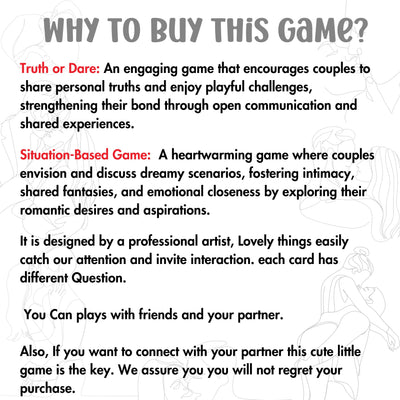 Kinky Truth or Dare deck – a seductive and fun game designed for couples looking to spice up their relationship. Perfect for foreplay, intimate connection, and late-night fun.