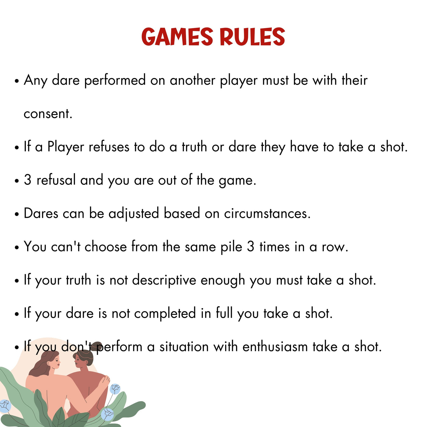 Truth & Dare card game for couples and parties – a fun and exciting intimacy and drinking card game designed for adults. Perfect for date nights, parties, and romantic moments. Includes bold dares, deep conversations, and naughty challenges.