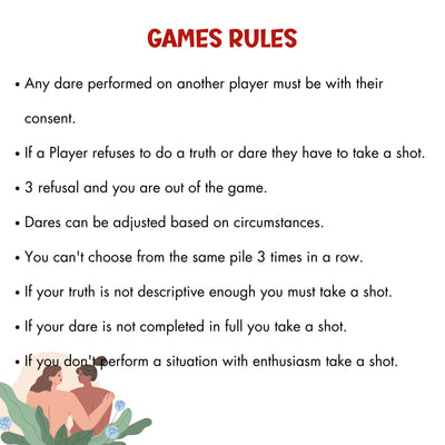 Truth & Dare card game for couples and parties – a fun and exciting intimacy and drinking card game designed for adults. Perfect for date nights, parties, and romantic moments. Includes bold dares, deep conversations, and naughty challenges.